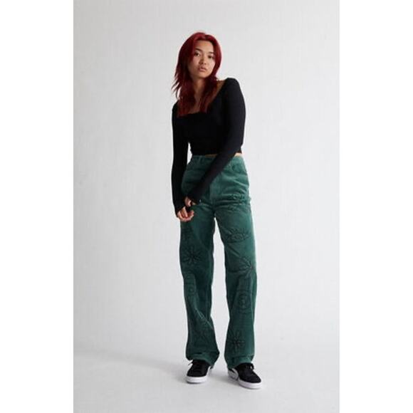 PacSun Green Corduroy Floral Embroidered Y2K 90s Boyfriend Women's Jeans Size 24 - Picture 1 of 10